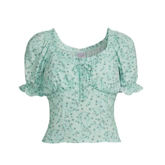 No Boundaries Juniors Print Ruffle Peasant Top with Short Sleeves - Picture 1 of 7